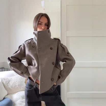 Short Wool Coat With Stand Collar And Button Front