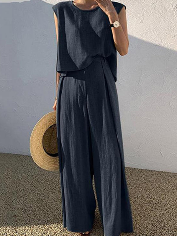 Casual Plus Size Solid Color Sleeveless T-Shirts Tops & Wide Leg Pants Suits