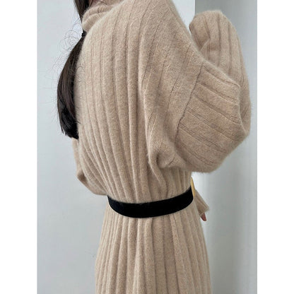 Simple Loose Long Sleeves Keep Warm Solid Color High-Neck Sweater Dresses