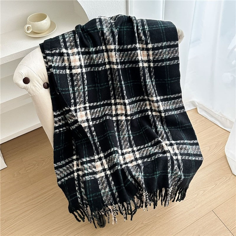 Color Block Plaid Fringe Scarf