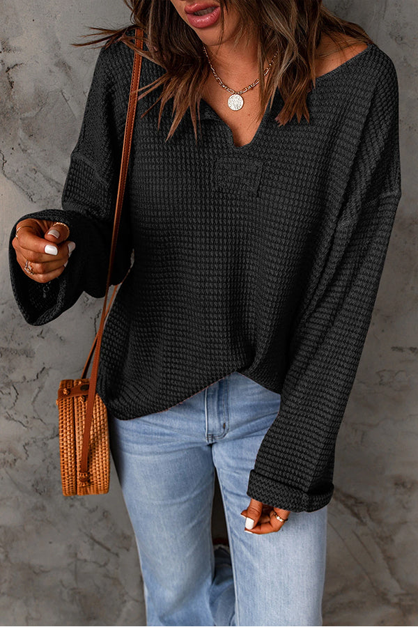 Dusk Blue Waffle Split V Neck Drop Shoulder Long Sleeve Top