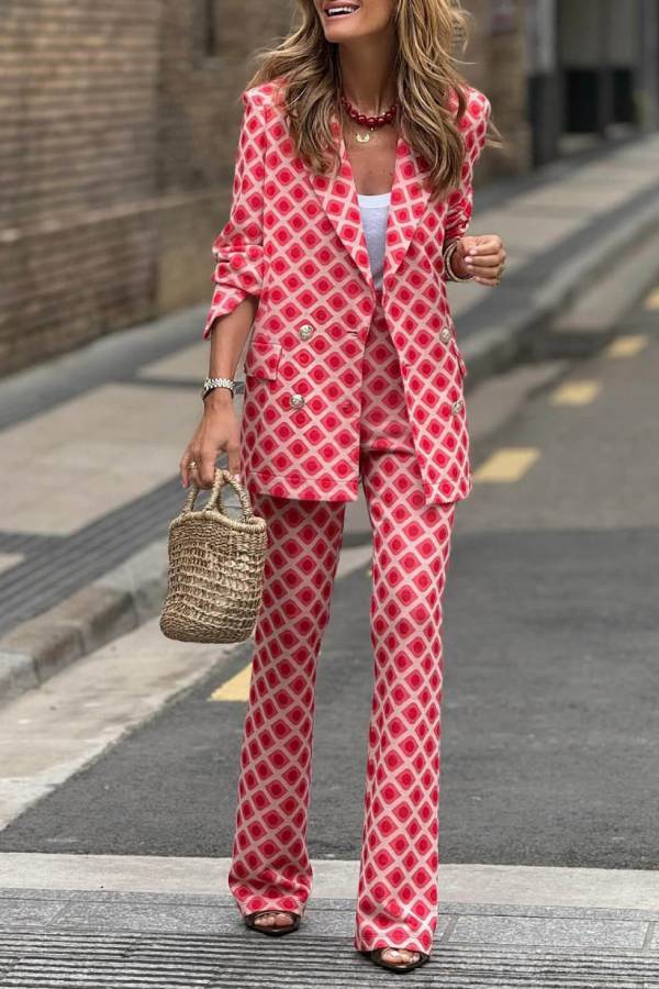 Casual Geometric Print Long Sleeve Pocket Blazer