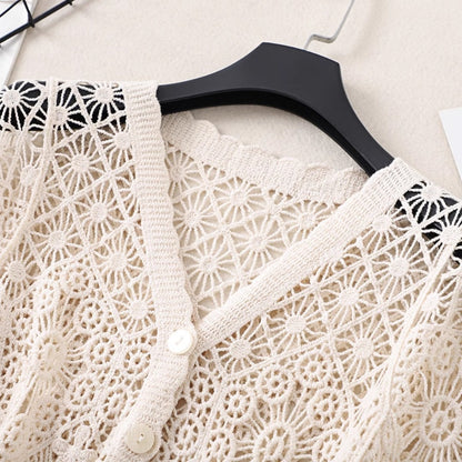 Crosa - Crochet Hollow-Out Short-Sleeve Cardigan