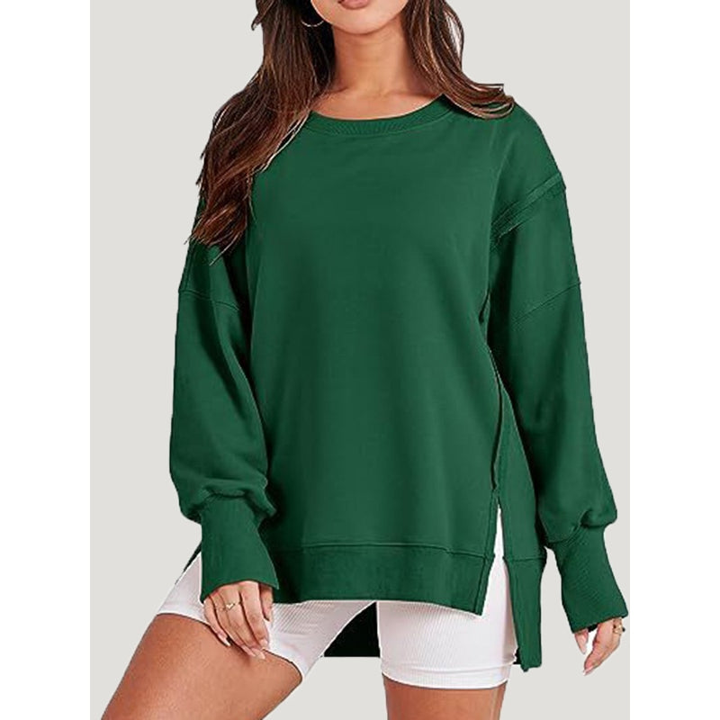 High-Low Long Sleeves Fringed Solid Color Split-Joint Split-Side Round-Neck Sweatershirt