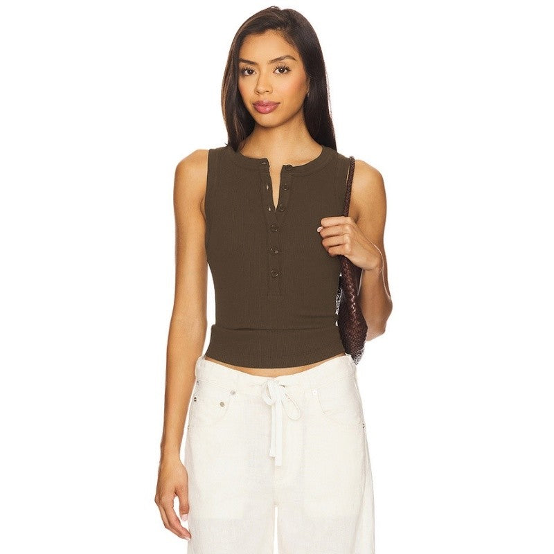 Round Neck Button Ribbed Sleeveless Vest