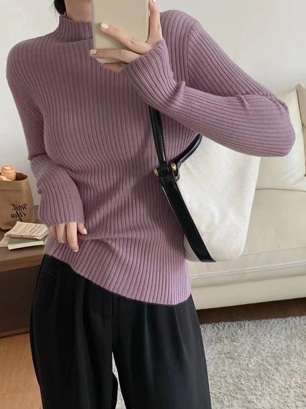 Long Sleeves Skinny Solid Color Mock Neck Knitwear Pullovers Sweater Tops