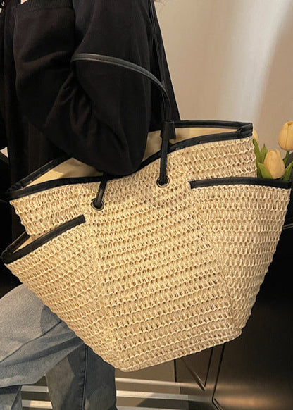 Woven Straw Tote Bag with Contrast Trim