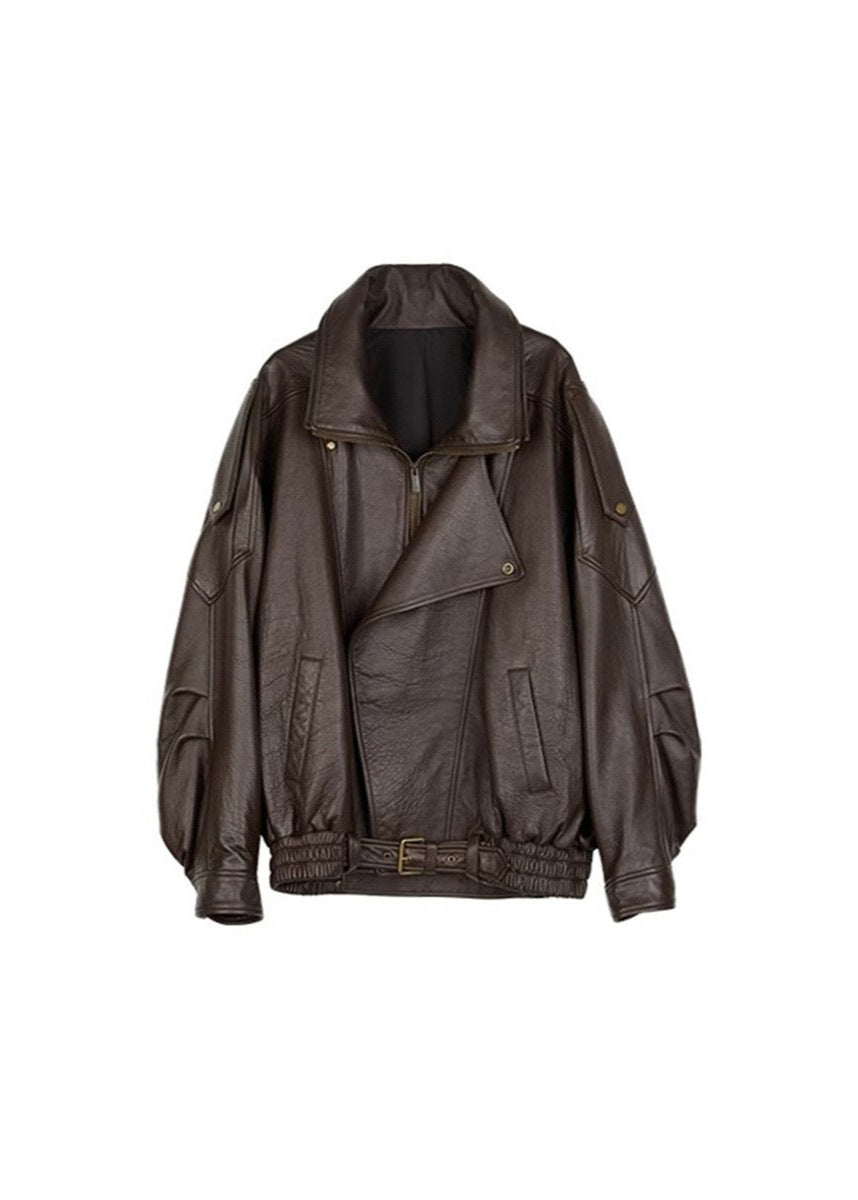 Oversized Leather Biker Jacket With Vintage Style