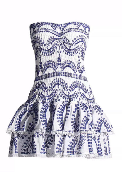 Smocked Strapless Mini Dress Lightweight Blue Print