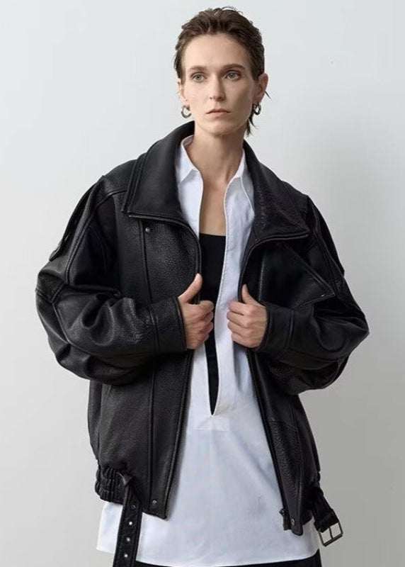 Oversized Leather Biker Jacket Vintage Style