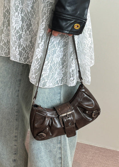 Vintage Buckle Shoulder Bag Faux Leather Coffee Brown