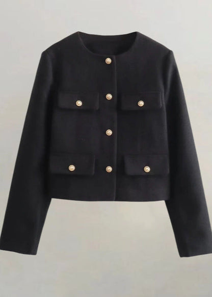 Tweed Cropped Jacket With Gold Button Accents
