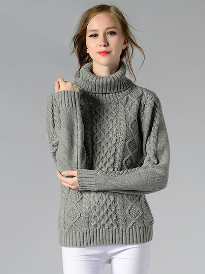 Casual 5 Colors Jacquard High-Neck Long Sleeves Sweater Top