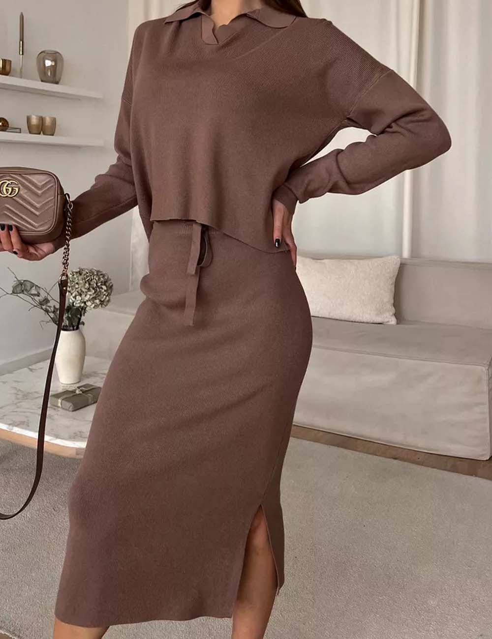 Knit Fall Polo Collar Sweater Bodycon Skirt Set