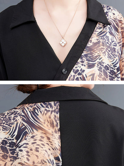 Long Sleeves Loose Contrast Color Printed Split-Joint Leopard Polo Blouses&Shirts Tops + Ninth  Culotte