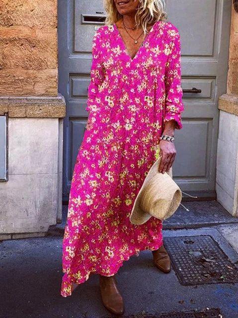 New Large Size Printed V-Neck Three-Quarter Sleeve Long Dress