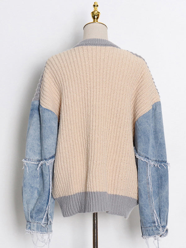 Stylish Denim Knitting Split-Joint Contrast Color Sweater Top