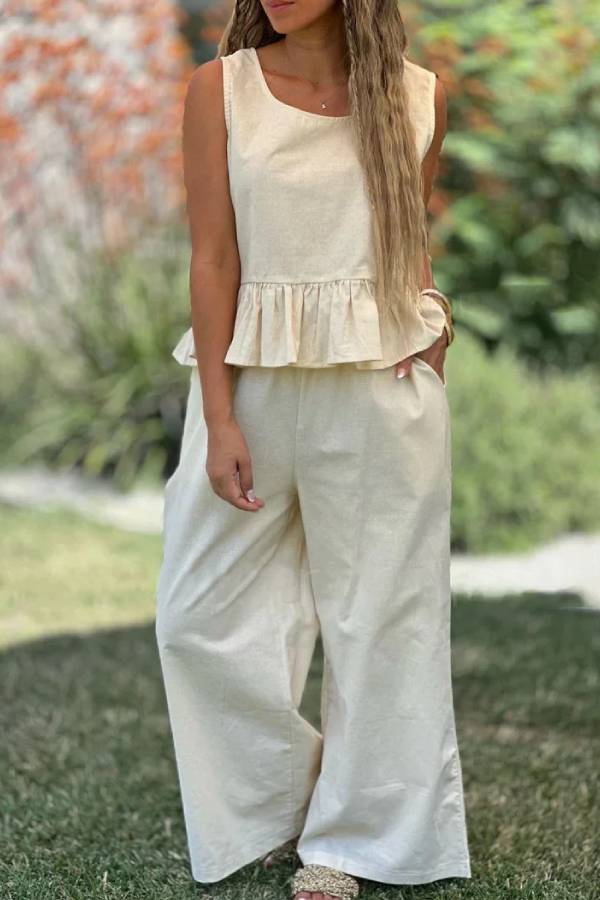 Cotton And Linen Solid Color Sleeveless Top \u0026 Wide Leg Pants Two-Piece Set