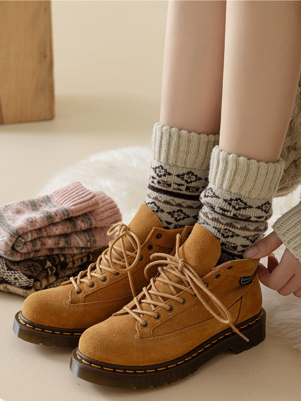 Rufia - Thick Bohemian Pattern Mid-Calf Socks - Soft &amp; Warm