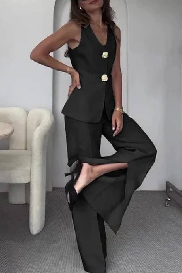Solid Color Elegant Sleeveless Vest \u0026 Suit Pants Two-Piece Set