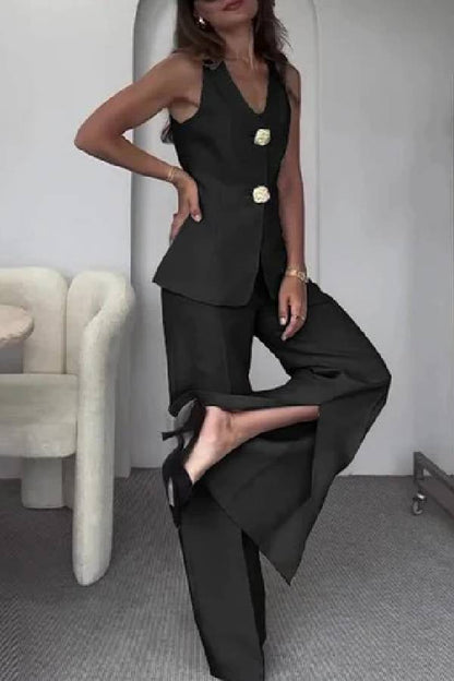 Solid Color Elegant Sleeveless Vest \u0026 Suit Pants Two-Piece Set