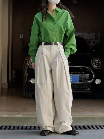 High Waisted Loose Pleated Solid Color Casual Pants Bottoms Trousers