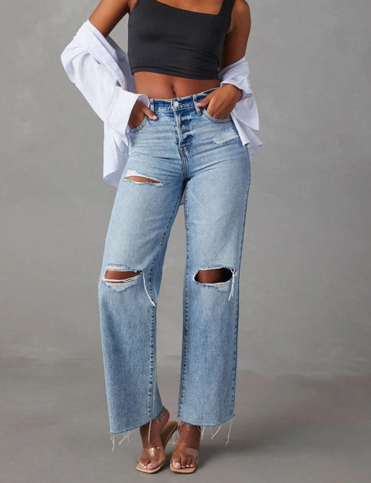 Ripped Denim Pant Straight Leg High Waist Jeans