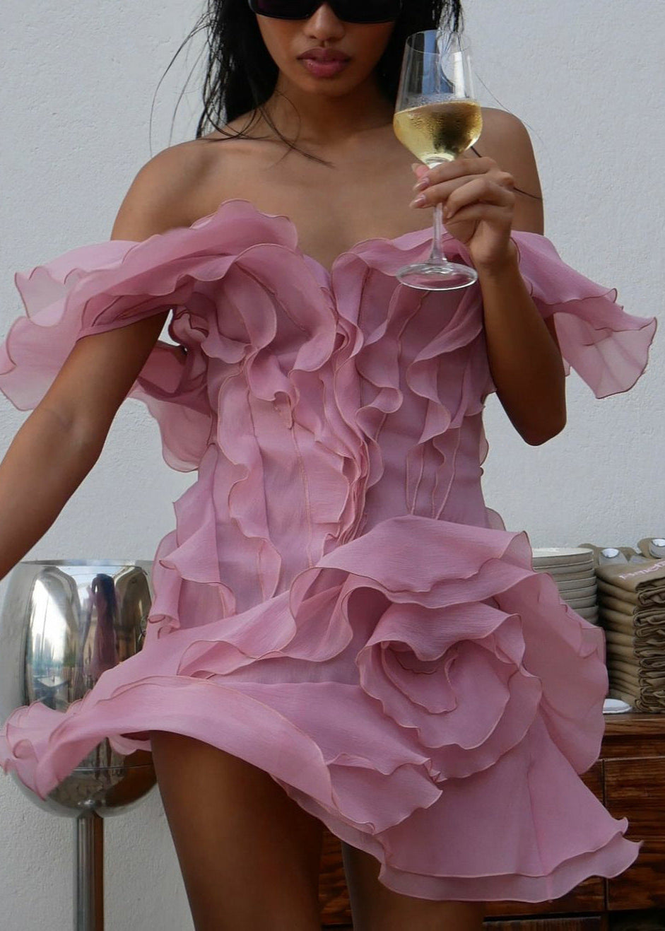 Ruffled Organza Mini Dress With Asymmetrical Neckline