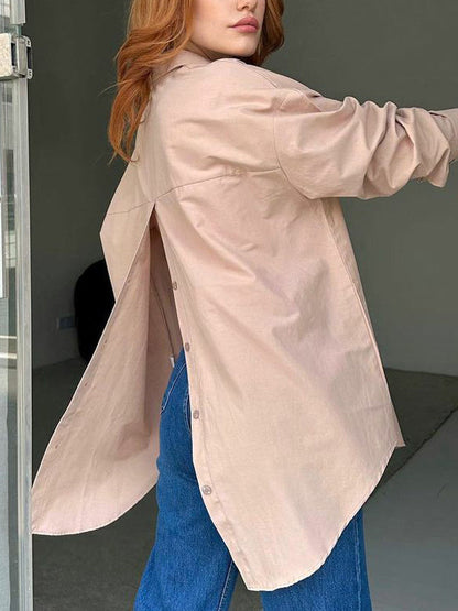 Loose Solid Color Split-Back Long Sleeves Blouses