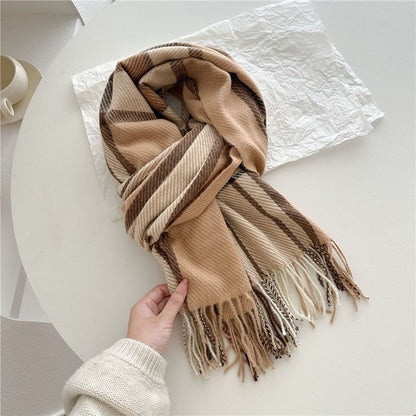 Color Block Plaid Fringe Scarf