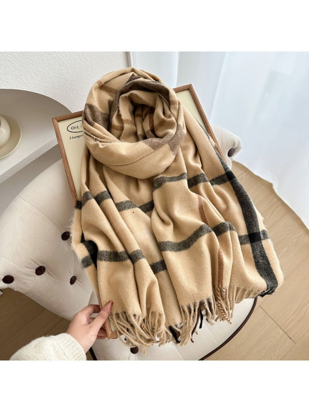 Scarvii - Reversible Color-Block Plaid Scarf with Fringe