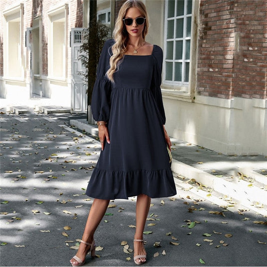 Solid Color Square Neck Ruffle Skirt Waisted Long-Sleeved Dress