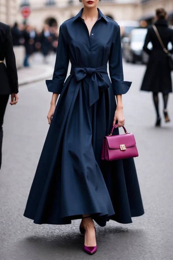 Elegant Long-sleeved Shirt-style Tie Maxi Dress