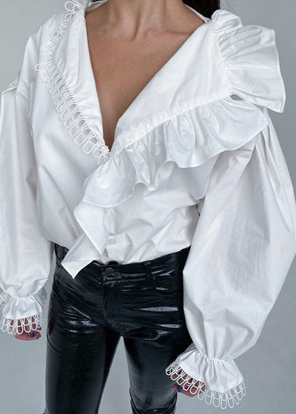 Ruffle Trim Long Sleeve Blouse Lightweight Polyester Cotton