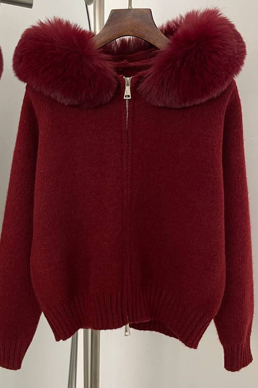 Fur-collar zip-up cardigan