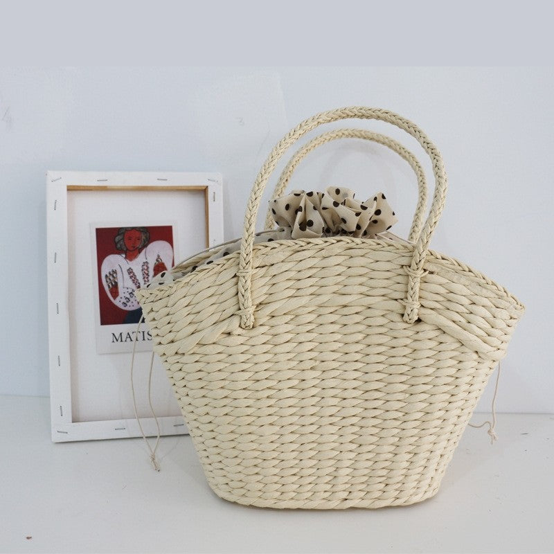 Polka Dot Drawstring Woven Handbag