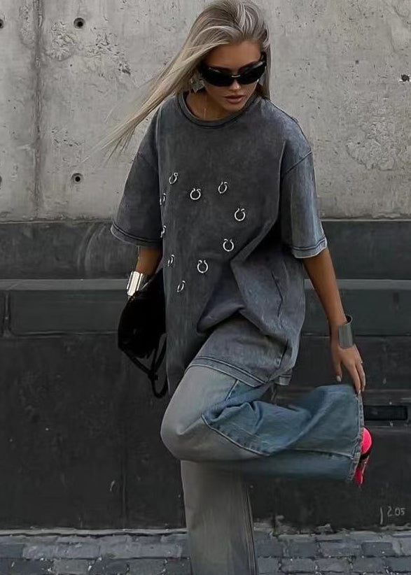 Oversized Cotton Tee With Metallic Ring Accents