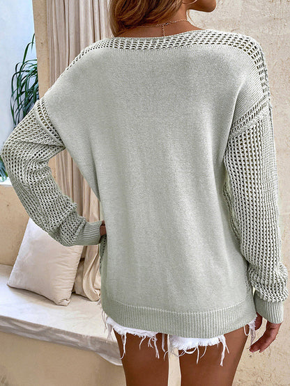 Long Sleeves Loose Hollow Solid Color V-Neck Sweater Tops