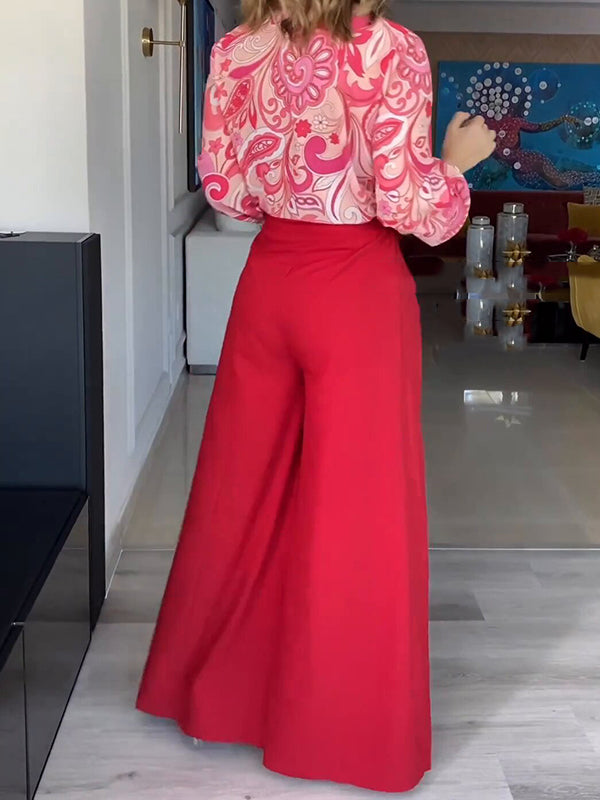 Printed Long Sleeves Buttoned Lapel Blouse + Tied Waist High Waisted Wide Leg Pants Two Pieces Set