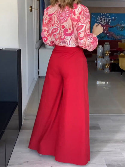 Printed Long Sleeves Buttoned Lapel Blouse + Tied Waist High Waisted Wide Leg Pants Two Pieces Set