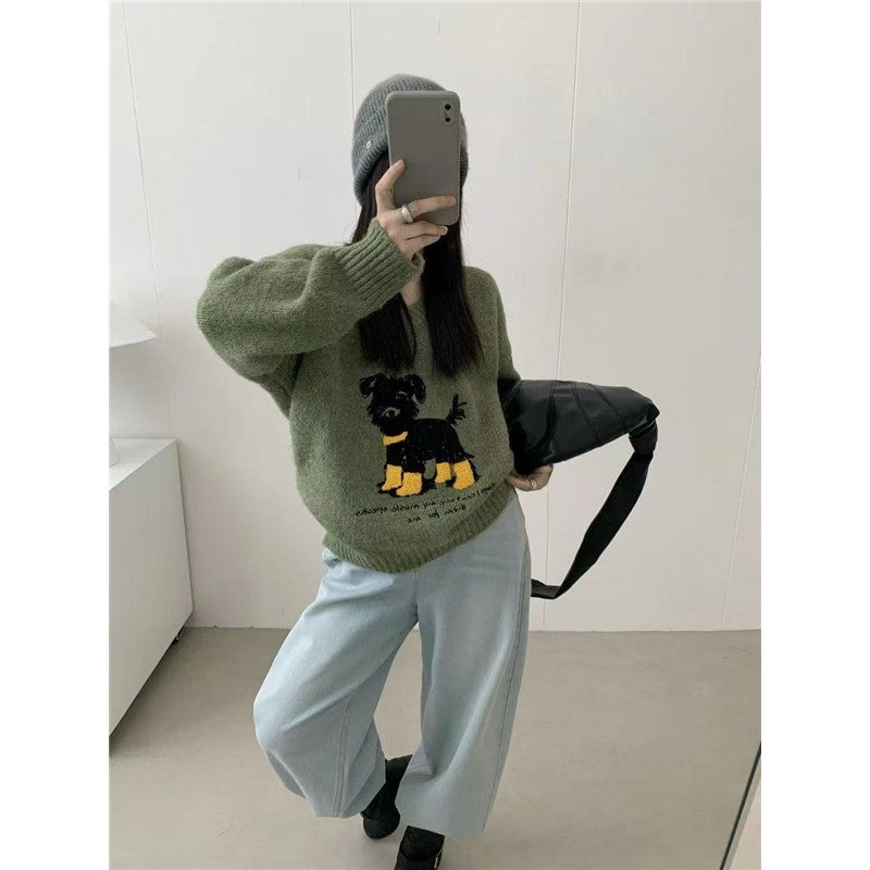Heavyweight Embroidered Dog Sweater Women's V-Neck Knit Top