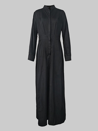 Long Sleeves Loose Buttoned No Belt Solid Color V-Neck Jumpsuits