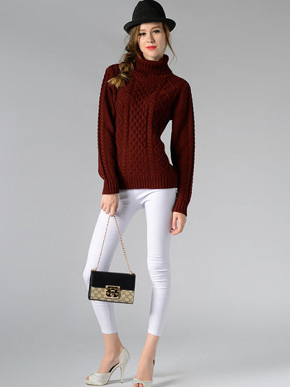 Casual 5 Colors Jacquard High-Neck Long Sleeves Sweater Top