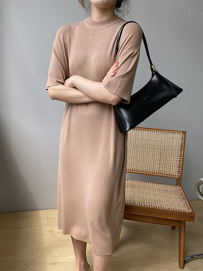 Loose Short Sleeves Solid Color Split-Joint Round-Neck Midi Dresses Sweater Dresses