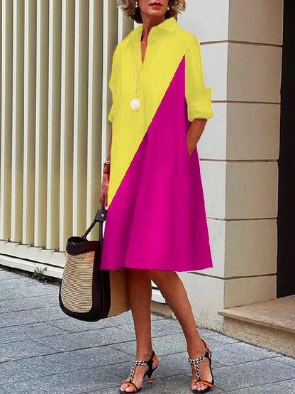 Contrast Lapel Midi Short Dresses Polyester Cotton