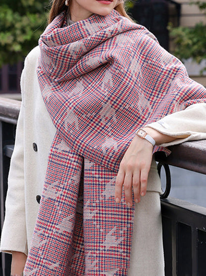 Fringed Houndstooth Keep Warm Shawl&Scarf