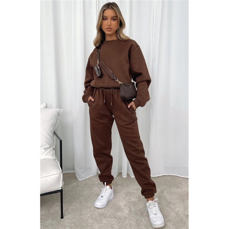 Women's Solid Color Hoodie Sweatsuit Round Neck Long Sleeve