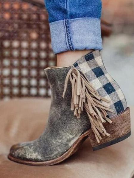 Women Ankle Boots Chunky Mid Heels Pumps Matin Vintage Pu Tassel Shoes