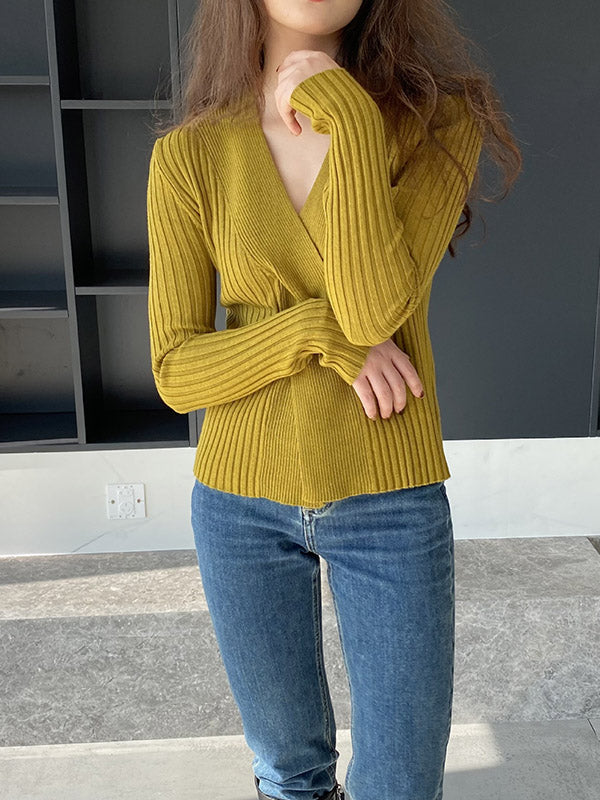 Long Sleeves Loose Knot Solid Color V-Neck Pullovers Sweater Tops