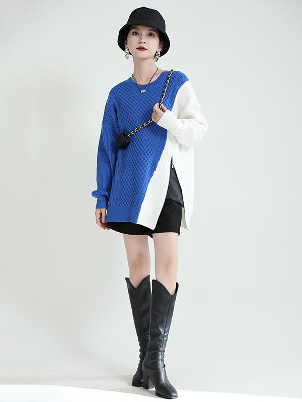 Urban Loose Contrast Color Split-Joint Sweater Top